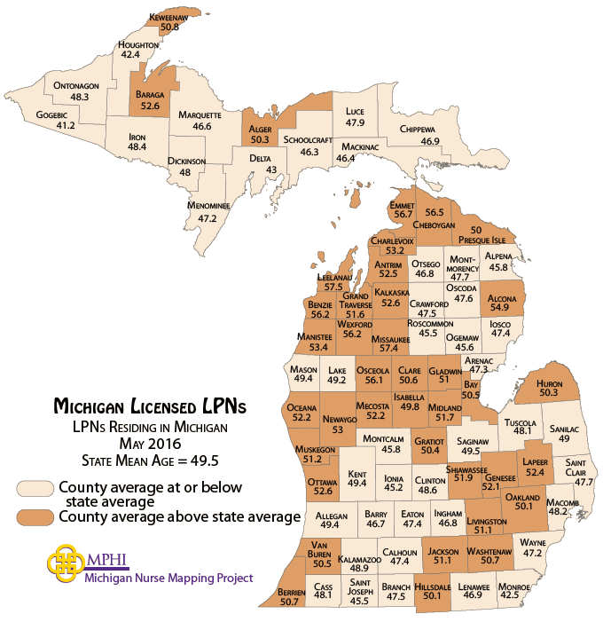 map depicting LPN mean age by county in 2016
